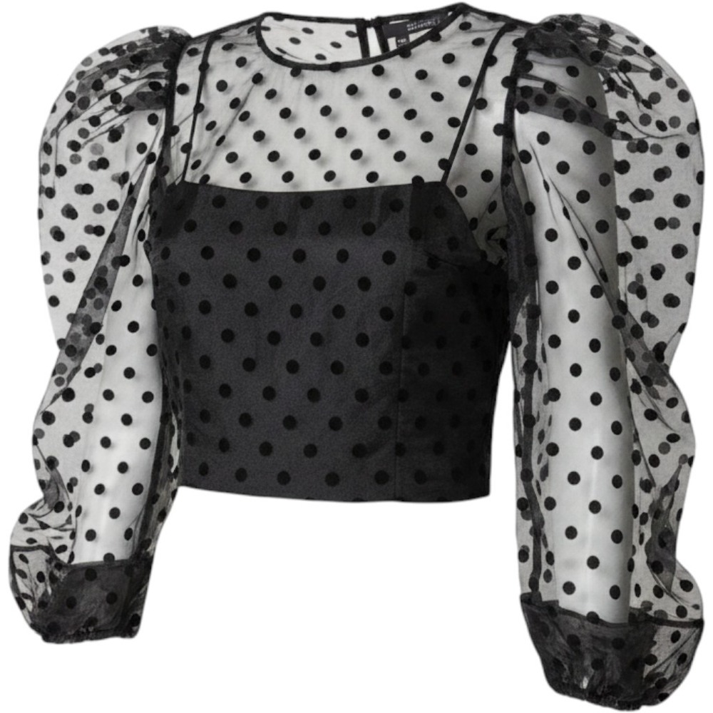 Zara Black Velvet Polka Dot Sheer Organza Puff Sleeve Crop Top Blouse Small NWT